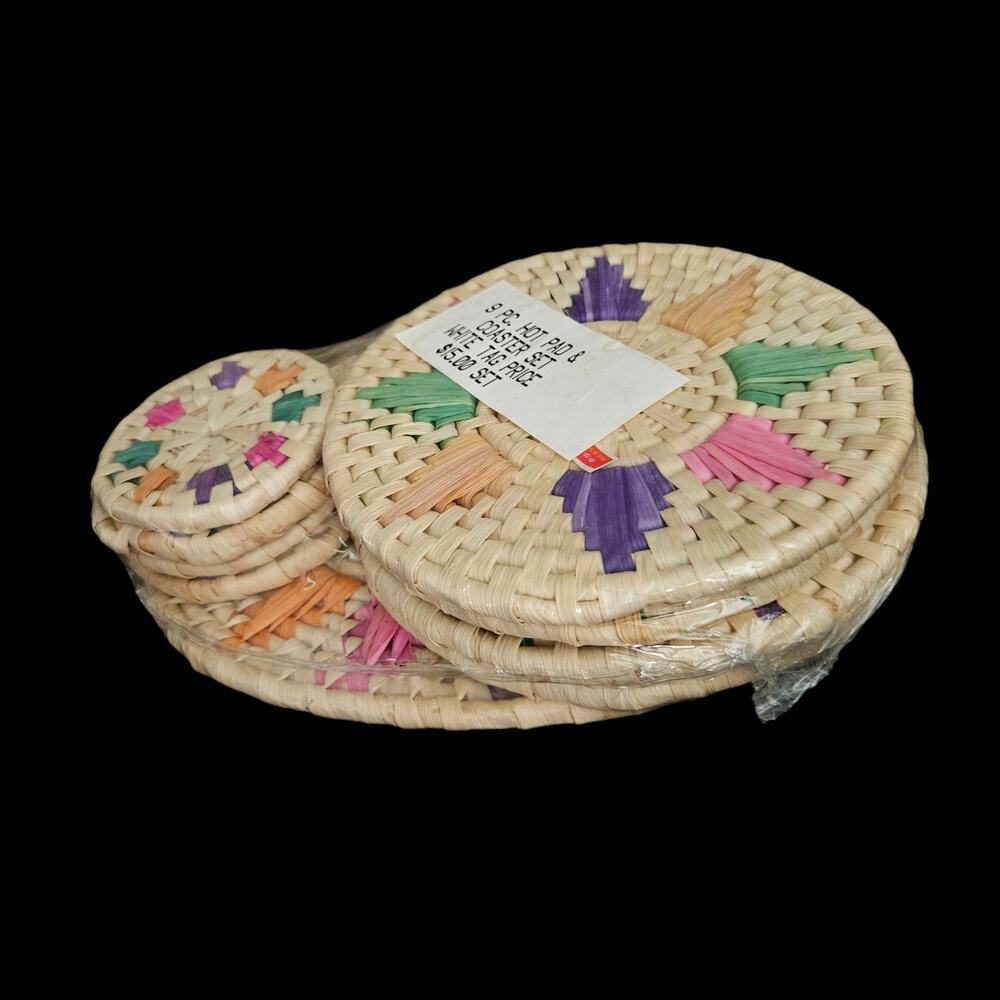 Vintage NOS Handwoven Raffia Straw Trivets Coasters Colorful Kitchen Decor